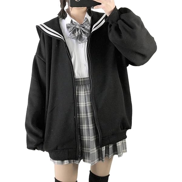 Amazon.com: CEINOM Kawaii Zip Up Hoodies Black Japanese Preppy